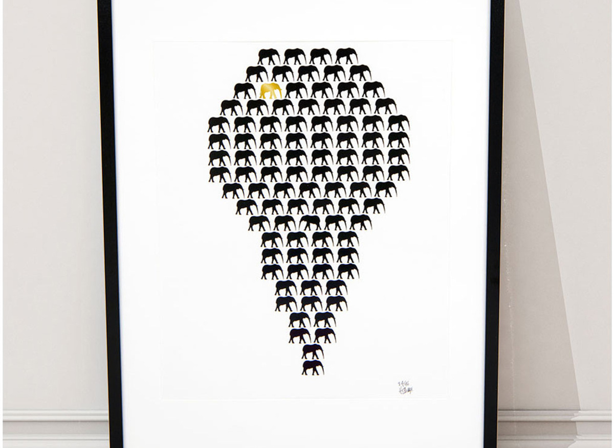 'Herd of Hope' handprinted artworks available at www.howmanyelephants.shop
