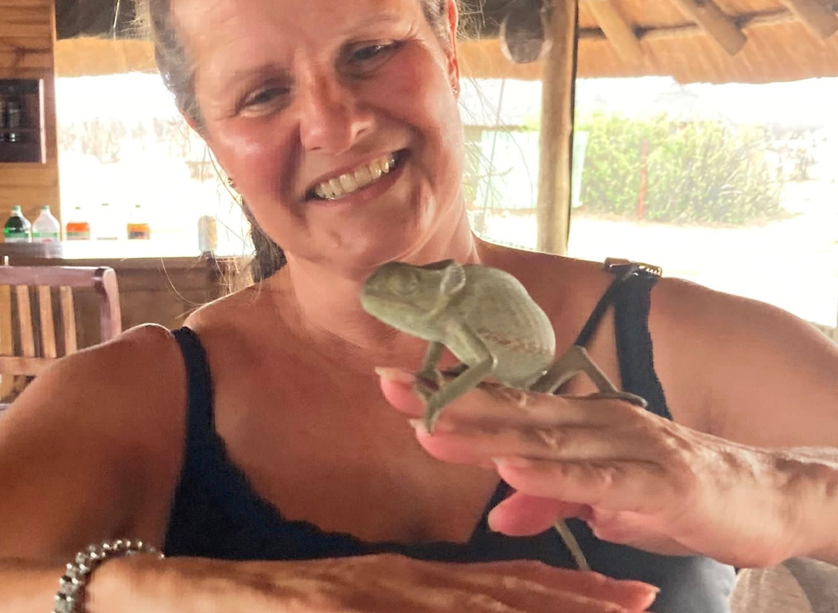 Helen with a chameleon at Nehimba, Zimbawbe with Imvelo Safari Lodges pic.jpg