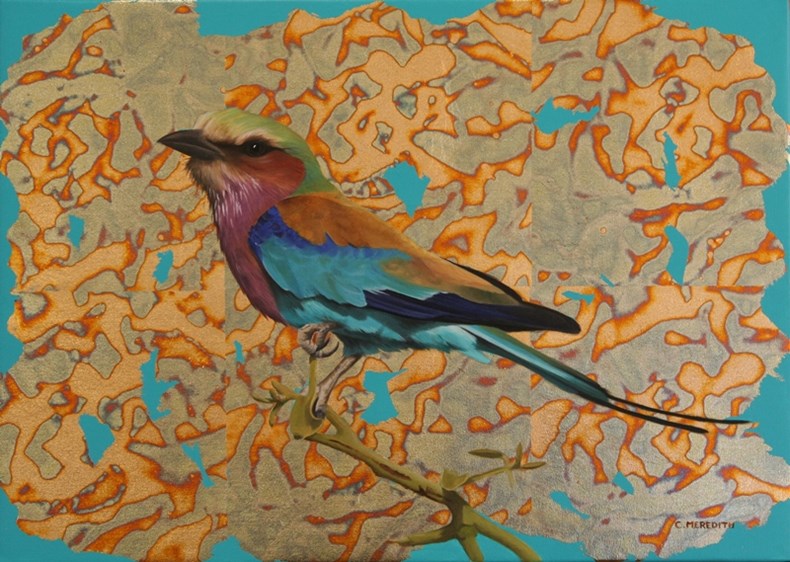 Clive Meredith lilac breasted roller.Oil & variegated metal leaf on canvas.JPG